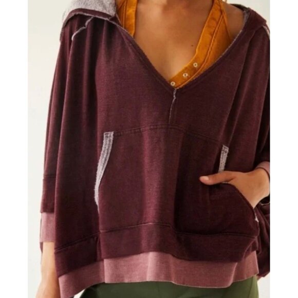 XS We the Free People Bonfire Hoodie Cropped Sweatshirt Fig Maroon Oversized Coz - Picture 4 of 11